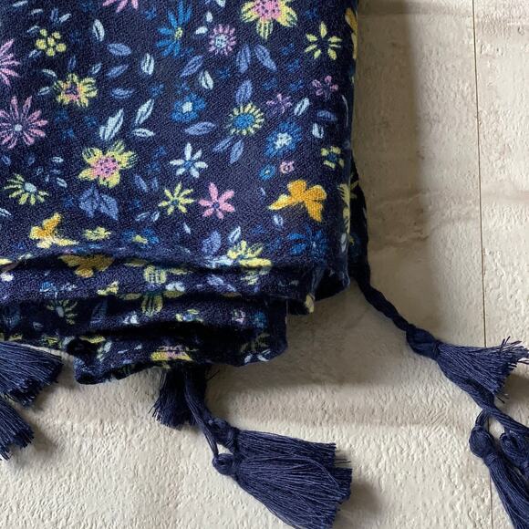 NEW Boho Butterfly Floral Design Tasseled Rectangle Soft Chic Scarf L Navy Blue - Picture 12 of 15